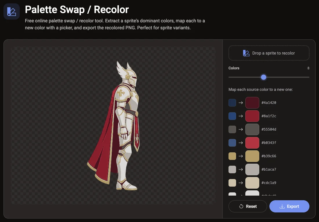 The free Voidless Palette Swap / Recolor tool with a paladin sprite whose blue cape is remapped to red