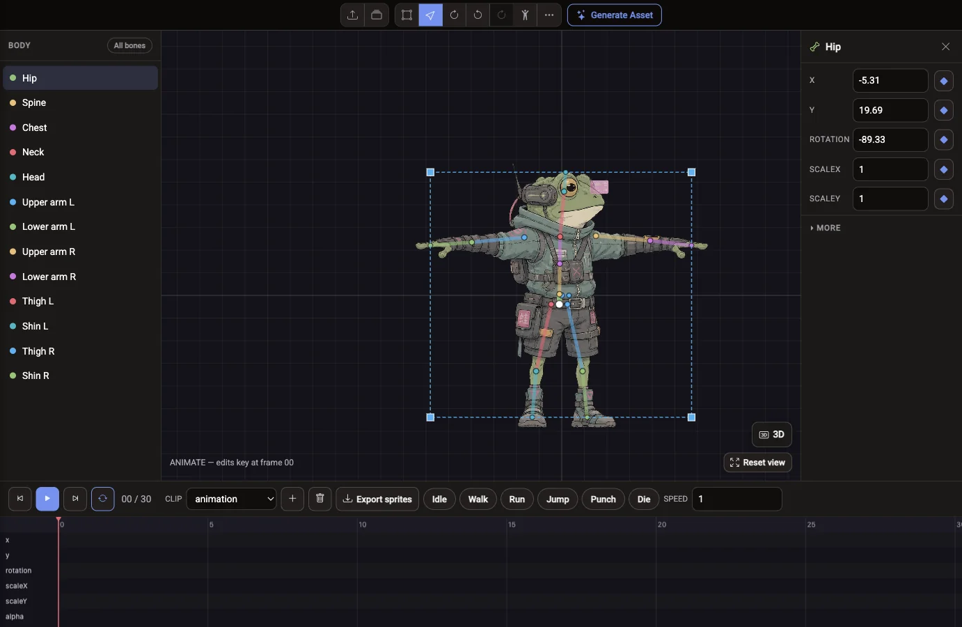 The free Voidless Skeleton Editor with a frog character in a T-pose and a humanoid skeleton fitted to it, its bones listed on the left