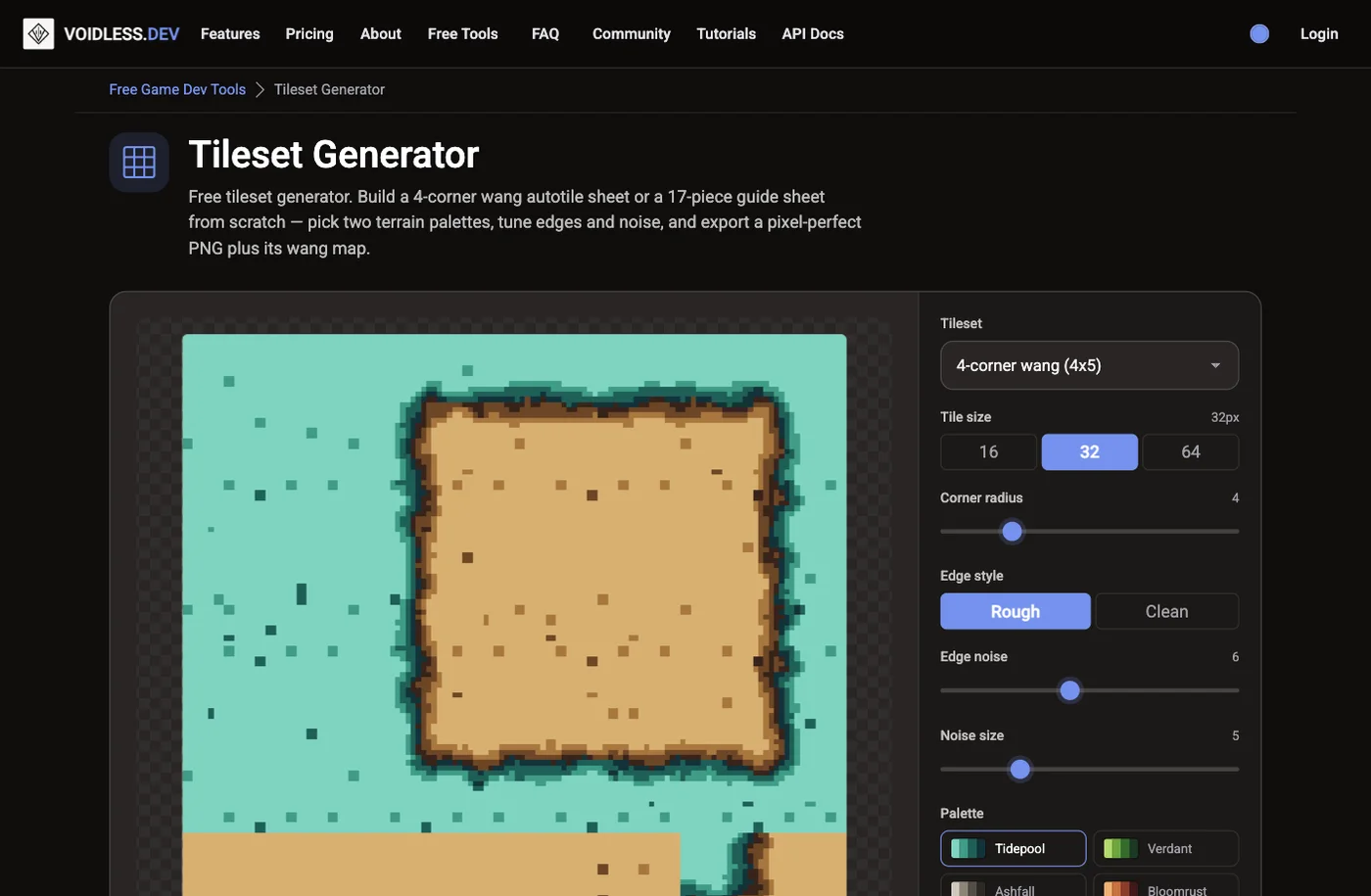 The free Voidless Tileset Generator building a 4-corner wang autotile sheet of sand and water