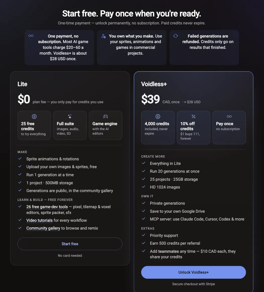 The Voidless pricing page comparing the free Lite plan with Voidless+, a one-time $39 CAD payment with 4,000 credits